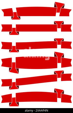 Set of six red cartoon ribbons for web design. Great design element isolated on white background. Vector illustration. Stock Vector