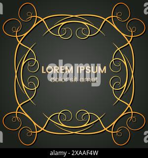 A square golden monogram element on a dark background. Vector illustration. Stock Vector