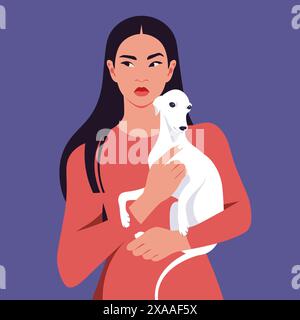 A young Asian woman holding a sick puppy. Troubled dog owner. Veterinary. Homeless pet rescue. Pet adoption and fostering. Vector flat illustration Stock Vector