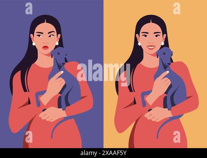 A young Asian woman holding an Italian greyhound puppy. Happy and anxious dog owner. Veterinary. Vector illustration in flat style Stock Vector