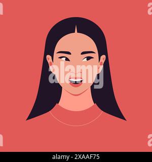 Portrait of a curious Asian woman. Surprised face of student. Gossip, rumors and secrets. Vector illustration Stock Vector