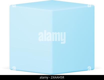 Blue cube glossy geometric figure shape pedestal squared stage commercial box realistic vector illustration. Geometry regular block angle basic founda Stock Vector