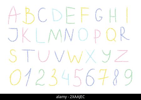 Colored numbers, letters alphabet scribbled in wax pencil, on white background. Hand drawing vector. Stock Vector