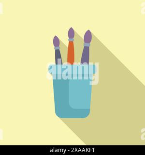 Vector illustration of colorful art brushes in a cup with flat design and long shadow Stock Vector