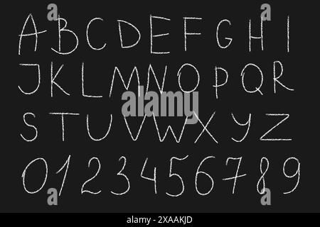 Drawings in charcoal, chalk or wax pencil on blackboard. Arrows, hand-drawn designs. Alphabet, letters, number. Stock Vector