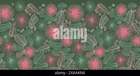 Vector dark green touch me not shameplant floral horizontal pattern. Perfect for invitation cards and Christmas posters. Stock Vector