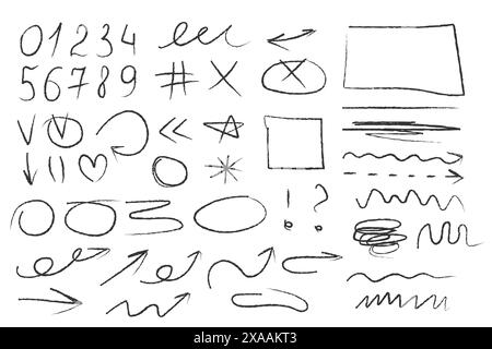 Charcoal or wax crayon doodles, on a white background. Numbers, inscriptions for school Stock Vector