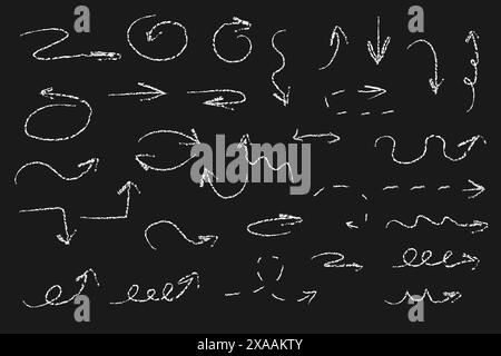 Drawings in charcoal, chalk or wax pencil on a dark background. Arrows, handdrawn designs white. Stock Vector