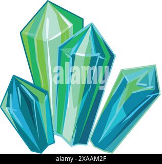 Vibrant and colorful cartoon crystal cluster illustration with green gemstones and shiny, magical elements, perfect for game assets, digital designs, and enchanting artwork Stock Vector