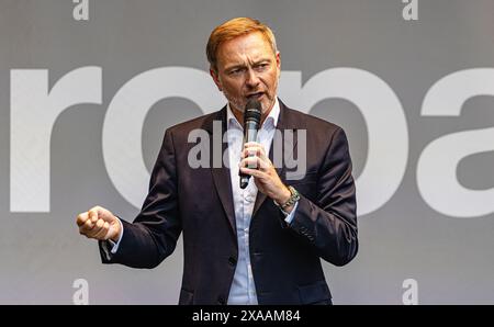 Stuttgart, Germany, 3rd Jun 2024: Christian Lindner, Federal Minister of Finance and Chairman of the Free Democratic Party of Germany (FDP) during his Stock Photo