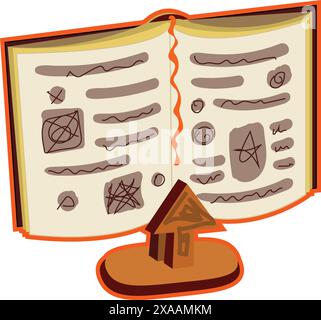 Illustration of an open magical book with symbols and a small wooden hut, invoking fantasy themes Stock Vector