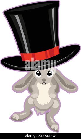 Adorable gray cartoon rabbit wearing a stylish black top hat with a red band Stock Vector