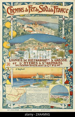 Vintage French Railways Poster:  'Chemin de Fer du Sud de la France'. Vintage Art Nouveau Illustration  Poster by Swiss artist Eugène Grasset. circa 1891 Stock Photo