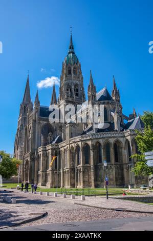 The image is of Bayeux Cathedral in the French city of Bayeux in the Province of Normandy. Bayeux was the first French city to be liberated during the Second World War following the Allies invasion of Europe on the 6th June 1944 known as D-Day. Stock Photo