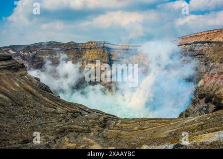 Mount Naka active crater lake, Mount Aso, Kyushu, Japan, Asia Stock Photo