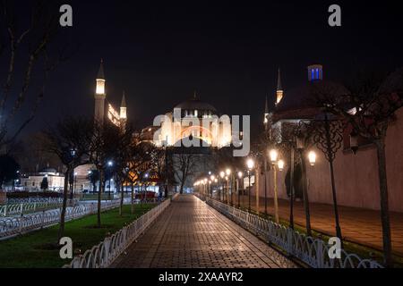 Illuminated Hagia Sophia Grand Mosque at night, UNESCO World Heritage Site, Istanbul, Turkey, Europe Stock Photo