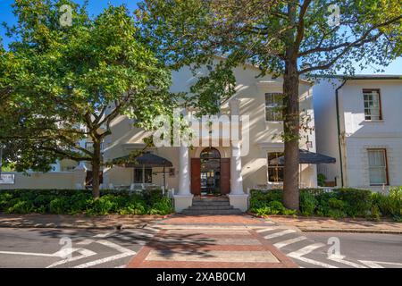 View of whitewashed architecture, Stellenbosch Central, Stellenbosch, Western Cape, South Africa, Africa Stock Photo