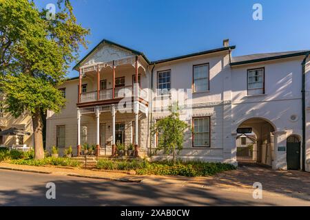 View of whitewashed architecture, Stellenbosch Central, Stellenbosch, Western Cape, South Africa, Africa Stock Photo