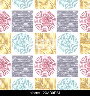 Hand-drawn square and circle abstract seamless pattern. Simple Vector Illustration of curves, dots, and doodles Stock Vector