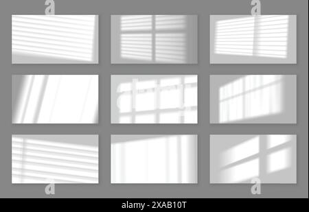 Realistic wall with gobo shadow. Window frame and blinds shadows cast on white studio background, lightning effect overlay vector set Stock Vector