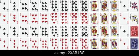 Pixel art playing cards. Standard 52 playing cards deck with pixelated clubs, diamonds, hearts and spades. Illustrated face cards Jack, Queen, King Stock Vector