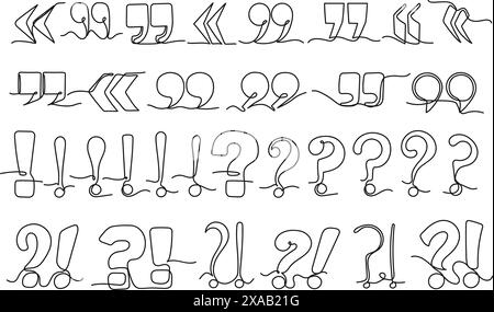 One line punctuation marks. Quote symbol, quotation marks, question and exclamation points, isolated hand drawn vector set. Stock Vector