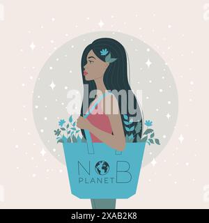 A woman profile, in flat art style, eco bag. Stock Vector