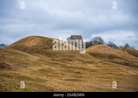 Uppsala, Sweden - March 09 2024: The tree royal mounds at Gamla Uppsala Stock Photo