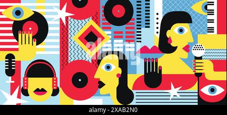 Abstract geometric pop art background. Musical instruments, people enjoy music festival or concert performance. Geometric vector illustration. Stock Vector
