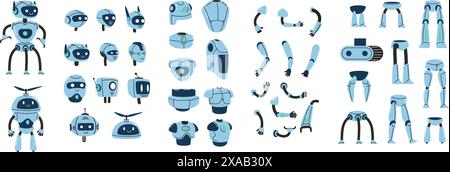 Robot constructor components. Bot creation kit of modular robot parts including heads, arms, legs and bodies for android character design. Isolated Stock Vector