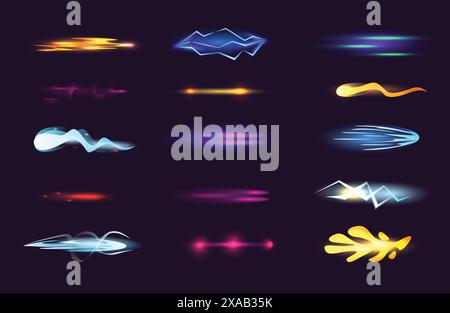 Cartoon shot effects. Light streaks and energy splashes, glowing lines, neon trails and electric lightning vector set. Stock Vector