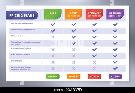 Pricing table. Monthly subscription comparison table infographic ...