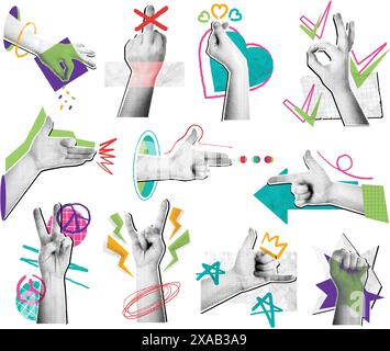 Halftone hand gestures collage. Mixed media hands compositions, pop art pointing gestures and hand signs scrapbooking style isolated vector set. Stock Vector