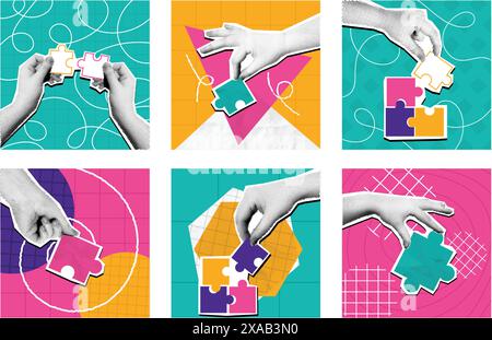 Halftone puzzle collage. Mixed media hands holding puzzle pieces, problem solving solution and teamwork concept vector illustration set. Stock Vector