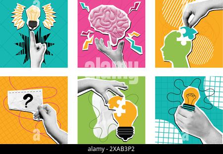 Halftone collage creative idea. Mixed media idea generation composition, pop art brain and problem solving solution concept vector illustration set. Stock Vector