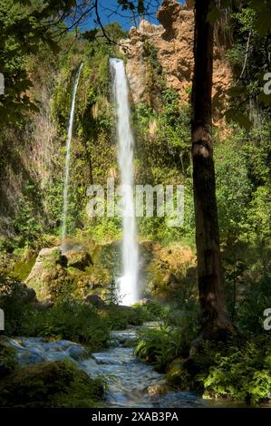 The image shows a tall waterfall cascading down a lush, green cliff. Stock Photo
