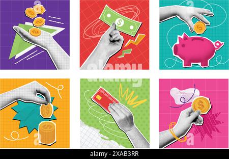 Halftone money collage. Mixed media hand holding coins, dollar bills, piggy bank and credit card. Financial savings, buying and paying concept vector Stock Vector