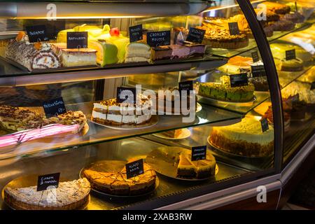 Large selection of cakes and pastries at Linée Café in Uppsala. The tradition of an extended coffee break with a small snack is a central part of Swedish culture. Swedes are among the biggest coffee consumers in the world. Uppsala, Sweden Stock Photo