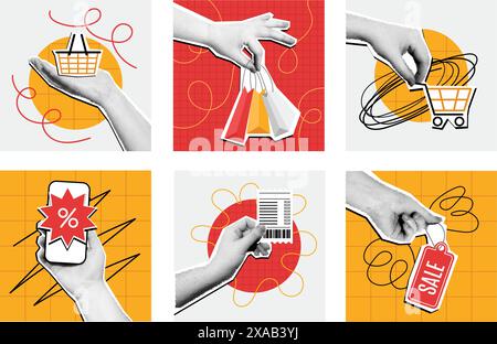 Halftone shopping collage. Mixed media hand holding shopping basket, cart and bags. Mobile online offer deal, sale and purchase verification receipt Stock Vector