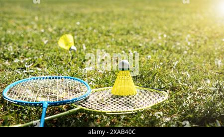 Badminton rackets and shuttlecocks on green grass in park. Stock Photo