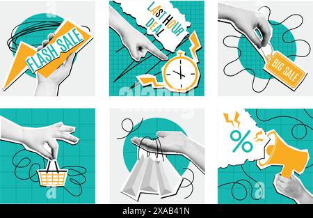 Halftone sale collage. Mixed media flash sale, last hour deal and discount announcement banners with pop art hand vector set. Stock Vector