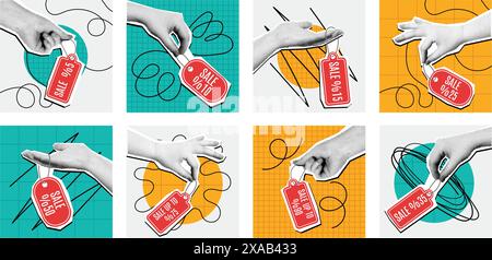 Halftone discount collage. Mixed media hand holding price tags with sale percentage discounts, retail marketing campaign vector illustration set. Stock Vector