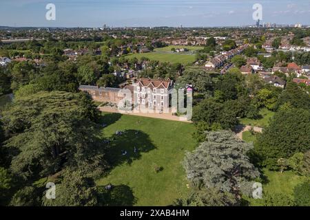 Aerial view of Boston Manor House, Boston Manor Park, Brentford, UK. Stock Photo