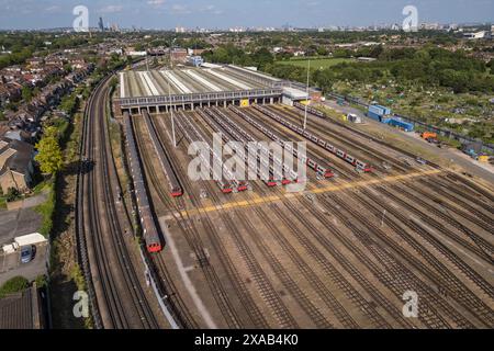 Aerial view of the London Underground Northfields Depot, Hanwell, London, UK. Stock Photo