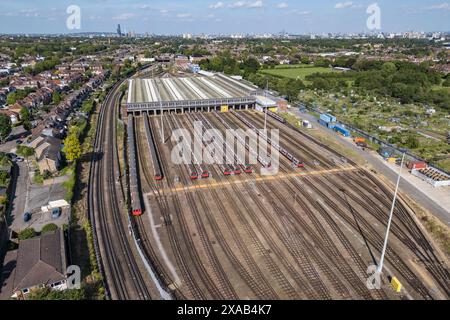 Aerial view of the London Underground Northfields Depot, Hanwell, London, UK. Stock Photo