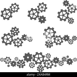 Flat gears composition. Connected cogwheels, integrated gear mechanism and gearwheels system vector set. Stock Vector