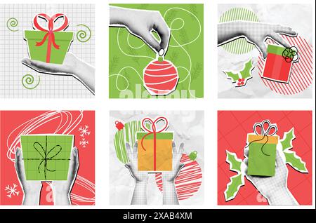 Christmas gifts in hands. Halftone hand holding wrapped gift box for winter holiday, xmas presents packaging mixed media collage vector illustration Stock Vector