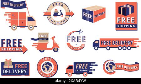 Free shipping label. Delivery service badge with truck, scooter and airplane icons. Global fast delivery vector illustration set. Stock Vector