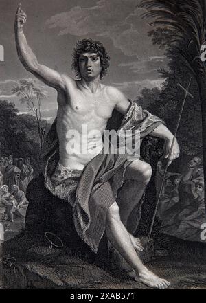 Wood Engraving of Saint John the Baptist in the Wilderness (Gospel of John) from antique 19th Century Illustrated Family Bible Stock Photo