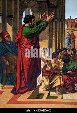 Paul Preaching At Athens  (The Areopagus Sermon) Acts New Testament from The Cartoon of Raphael in 19th Century Illustrated Family Bible Stock Photo